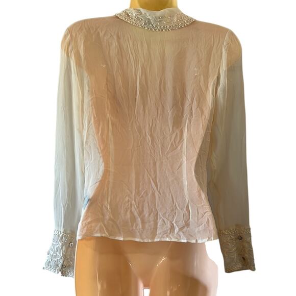ECI Cream Silk Beaded Blouse Sheer Fancy Woman Size Small Boho Fairy - Picture 4 of 10